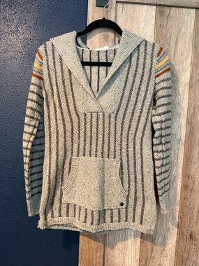 Roxy Gray Striped Hooded Pullover Sweater with Accent Stripes